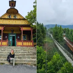 Kolorowy budynek w stylu ludowym i wiszący most wśród drzew w Beskidzie Morawskim.
