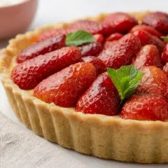 Tarta de fresa fresca y brillante, con una masa dorada y hojas de menta.
