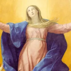 Wniebowzięcie Najświętszej Maryi Panny. Postać w różowej sukni i niebieskim płaszczu wznosi się ku niebu, otoczona złotym blaskiem i obłokami.