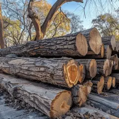 Gros troncs de bois d'acacia empilés, prêts pour le feu de camp. Leurs cernes révèlent leur âge.
