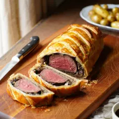 Un magnifique boeuf Wellington, doré et feuilleté, est coupé pour révéler sa viande tendre. Un couteau de chef est posé à côté, prêt à servir.