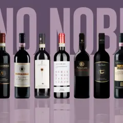 Rząd butelek wina Nobile di Montepulciano, od lewej: Figli d'Italia, Dei, Avignonesi, Boscarelli, De' Ricci, Fattoria del Cerro, Poliziano, La Braccesca, Santavenere, Talosa, Icario.