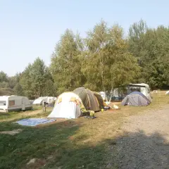 Na kempingu Złoty Potok rozstawione namioty i przyczepy kempingowe wśród drzew.