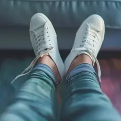 Vita sneakers sitter bekvämt på fötterna, med snören löst knutna. Perfekt för att visa hur skor ska sitta för maximal komfort.