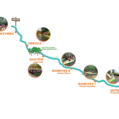 Mapa trasy spływu kajakowego z zaznaczonymi punktami: Zwierzyniec, Obrocz, Guciów, Bondyrz, Hutki.