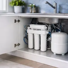 Système de filtration d'eau sous évier, avec son tuyau osmoseur et son réservoir blanc.