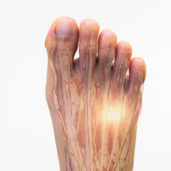 Fuß mit sichtbaren Nerven und Blutgefäßen, die auf ein Morton-Neurom hinweisen. Mögliche Hausmittel zur Linderung.