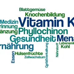 Wortwolke mit Begriffen wie "Vitamin K", "Blutgerinnung", "Knochenbildung", "Ernährung", "Gesundheit", "Phyllochinon" und "Menachinon".
