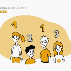 Vier Kinder stehen nebeneinander, um Gruppen zu bilden. Die Zahlen 1 und 2 schweben über ihnen, um die Einteilung zu verdeutlichen.