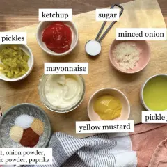 Składniki do sosu big mac: majonez, ketchup, musztarda, cukier, posiekana cebula, ogórek konserwowy, sok z ogórka, sól, cebula, czosnek i papryka.