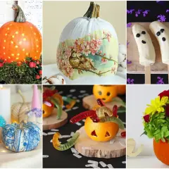 Inspirujące pomysły na halloween dekoracje: świecąca dynia, dynia z ptaszkami, banany-duchy, kolorowe dynie, pomarańcze z żelkami i dynia z kwiatami.