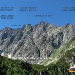 Majestatyczne szczyty Tatr Wysokich, w tym Ganek i Kacza Turnia, wznoszą się nad Doliną Kaczą. Mała, wysoka szlak prowadzi przez skaliste zbocza.
