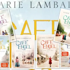 Marie Lamballe: Café Engel Reihe. Mehrere Buchcover mit dem Titel "Café Engel" in verschiedenen Farben und Untertiteln, die die Reihenfolge der Bücher andeuten.