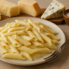 Penne w sosie quattro formaggi, z kawałkami parmezanu i sera pleśniowego w tle.