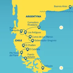 Mapa pokazuje, gdzie leży Argentyna, z zaznaczonymi miastami: Buenos Aires, Comodoro Rivadavia, Ushuaia i innymi.