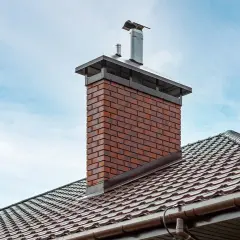 Nowy komin z cegły klinkierowej na brązowym dachu pod błękitnym niebem.