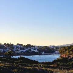 Blick auf die malerische cala d'or altstadt mit weißen Häusern, grünen Pinien und dem blauen Meer.