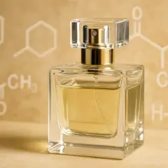 Elegancka butelka perfum na tle wzorów chemicznych, symbolizujących aldehydy w perfumach.