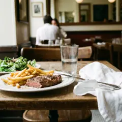 Steak-frites et salade dans un restaurant. J'espère que ce n'est pas une intoxication alimentaire !