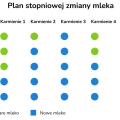 Plan stopniowej zmiany mleka z 1 na 2 Nan. Zielone kropki oznaczają stare mleko, niebieskie nowe. Stopniowo wprowadzaj nowe mleko.