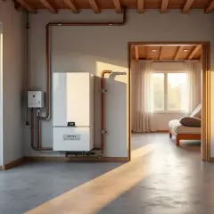 Nowoczesny piec gazowy 25 kW, idealny do ogrzania domu o powierzchni do 250 m². Widoczny w pomieszczeniu z oknem i drzwiami.