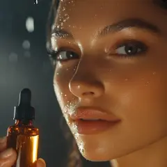 Una mujer con gotas de agua en la cara sostiene un frasco de suero. El brillo en su piel sugiere los beneficios de la vitamina E para la cara.