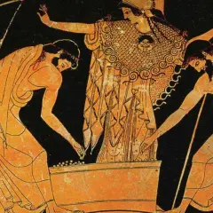 Ancient Greek vase painting depicting figures in a game of dice, a scene that might have inspired famous Greek artists.