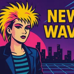 Chica con pelo rubio y rosa, vestida con chaqueta y camiseta a rayas, frente a un paisaje urbano retro con el texto "NEW WAVE".
