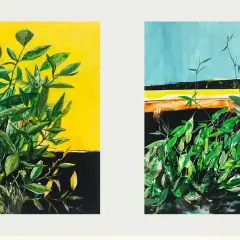 Two vibrant paintings by Asian artists, featuring lush green foliage against bold yellow and blue backgrounds.