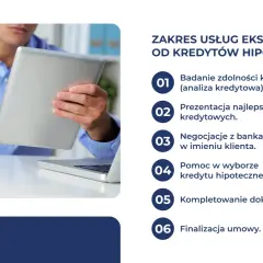 Doradca kredytowy analizuje zdolność, prezentuje oferty, negocjuje i pomaga wybrać najlepszy kredyt hipoteczny.