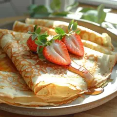 Délicieuses crêpes dorées, garnies de fraises fraîches et de sirop. Une recette crêpe 2 œufs parfaite pour le petit-déjeuner ou le goûter.