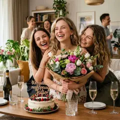 Radosne świętowanie imienin Julii! Trzy przyjaciółki śmieją się, trzymając bukiet kwiatów. Na stole tort i szampan.