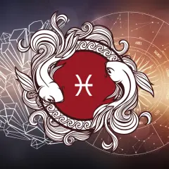 Dwa ryby symbolizujące znak zodiaku Ryby, otoczone ozdobnymi wzorami i kołem zodiaku.