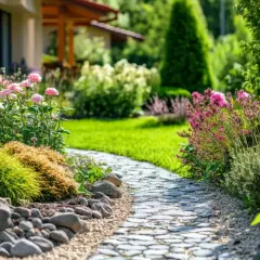 Ein geschwungener Steinweg führt durch einen blühenden Garten mit Rosen und Lavendel. Tolle Garten Ideen für Ihr Zuhause.