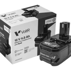Batterie VoltR 18V 4.8 Ah de remplacement pour Ryobi, soulignant la compatibilité batterie entre marque. Fabriquée en France.