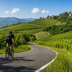 Ciclista su strada panoramica tra vigneti rigogliosi, esplorando i **percorsi ad anello Oltrepò Pavese**.