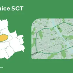 Mapa Warszawy z zaznaczonym obszarem kraków strefa czystego transportu. Obok szczegółowy plan miasta z wyznaczoną SCT.