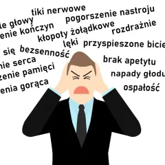 Mężczyzna w garniturze z rękami na uszach, otoczony słowami opisującymi objawy **dystresu**: bóle głowy, bezsenność, kołatanie serca, lęki.