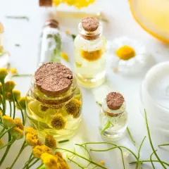 Zutaten für anti-falten augencreme selber machen: Öle, Kräuter, Zitrone und eine Creme.