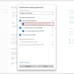 Instalowanie pakietów językowych Windows 7. Zaznaczono opcję "Ustaw jako mój język wyświetlania systemu".