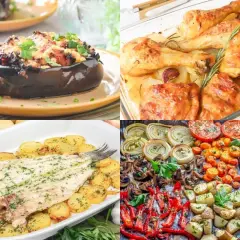 Un festín de diez recetas al horno: berenjena rellena, pollo asado con patatas, pescado con patatas y verduras variadas.