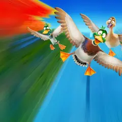 Vier lustige Enten fliegen im Sturzflug, bereit für ein Abenteuer. Ein "Raus aus dem Teich" Stream-Moment!