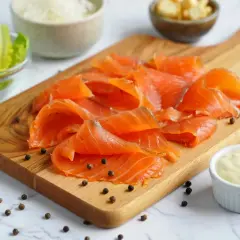 Deliciosa ensalada de salmón lista para preparar. Salmón ahumado en tabla de madera, lechuga, crutones, queso rallado y aderezo.