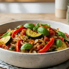 Poêlée de poivrons à l'italienne, un plat coloré de courgettes, poivrons rouges, tomates et basilic frais, servi dans un bol rustique.