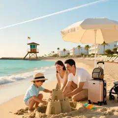 Rodzina buduje zamek z piasku na plaży. Idealne podróże z dzieckiem, pełne słońca i radości.