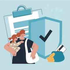 Matka z dzieckiem, dokumenty, tarcza ochronna i portfel z pieniędzmi symbolizują bezpieczeństwo finansowe. Komornik alimentacyjny dba o to, by dziecko otrzymywało należne środki.