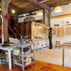 A woman works in a rustic studio, surrounded by art supplies and botanical prints, reminiscent of famous artists studios.