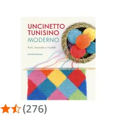 Uncinetto tunisino moderno: un libro con gomitoli colorati e un campione a rombi.