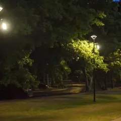 Nocny park rozświetlony przez nowe latarnie. Trwa budowa oświetlenia ulicznego, tworząc bezpieczną przestrzeń.