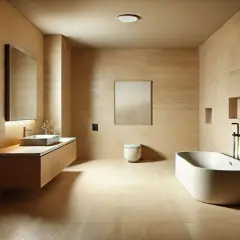 Bagno moderno con pareti e pavimenti in travertino, che cos'è il travertino? Una pietra naturale calda e resistente.